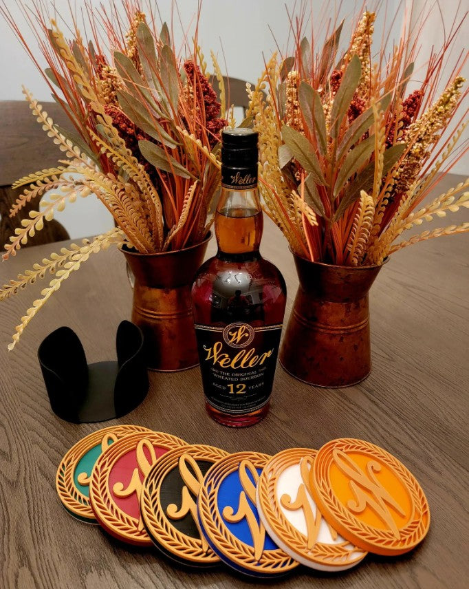 Bourbon Whiskey Coasters | Set of 6 with Holder
