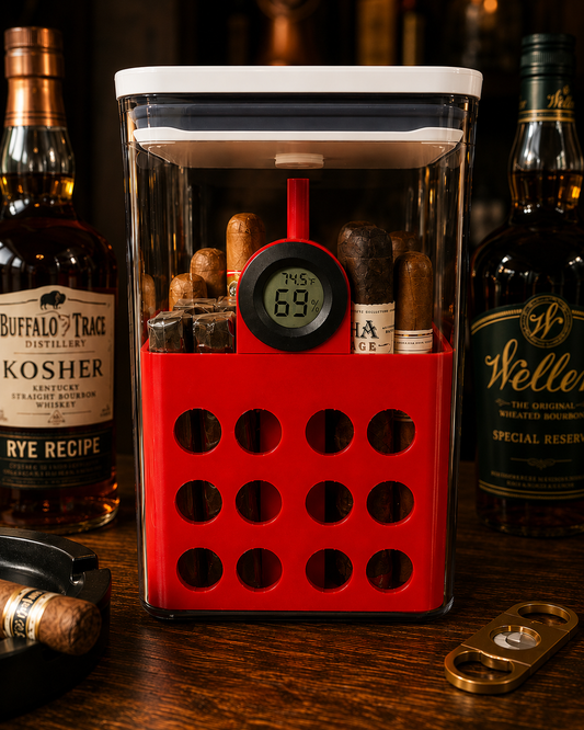 complete airtight Tupperdore humidor with PETG tray, digital hygrometer, and storage for 30 robusto cigars
